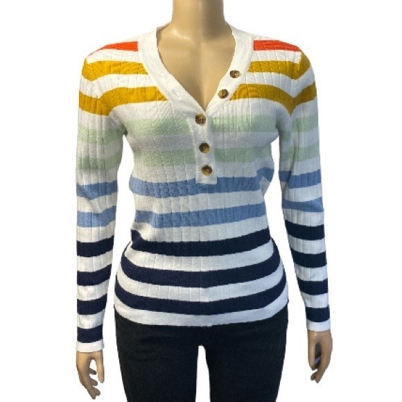 MEROKEETY Striped Sweater Knit 1/4 Button pullover Long Sleeve size M - Picture 8 of 11